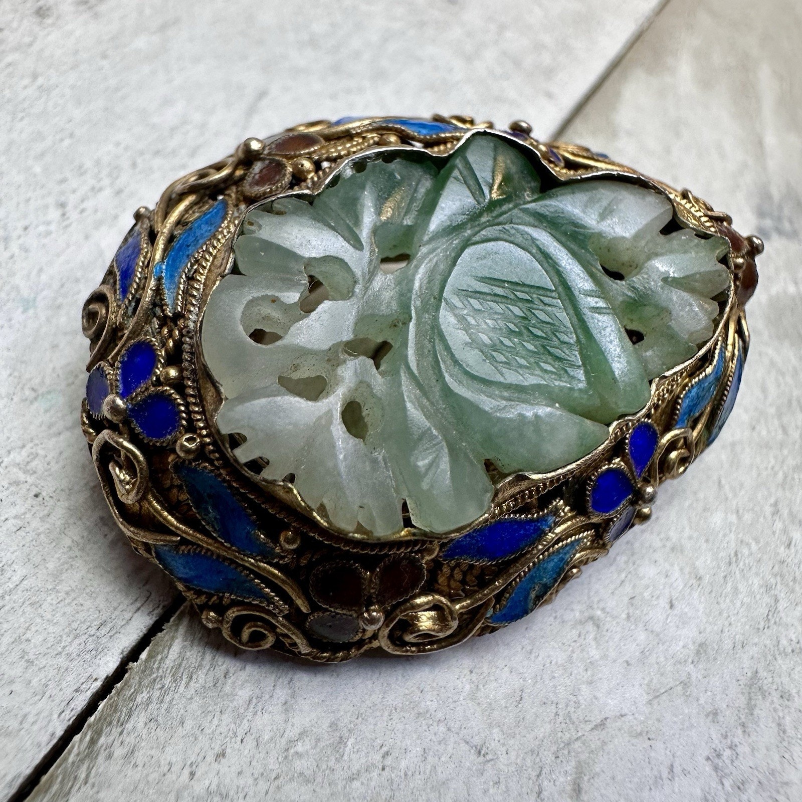 Chinese Export Carved Jade Gold Gilt Silver Enameled Vintage Brooch Pin